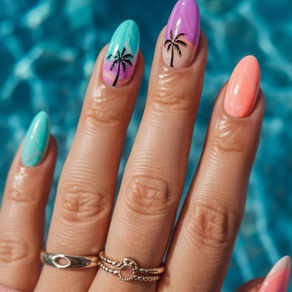 Pastel almond nails with palm tree art