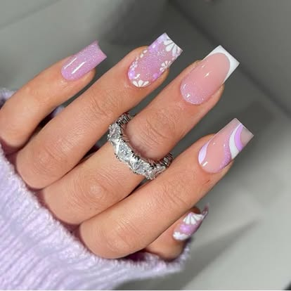 Lilac square nails with floral french tips